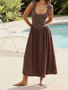 NEW Free People FP Beach Alana Open-Back Brown White Stripe Boho Midi Dress NWOT